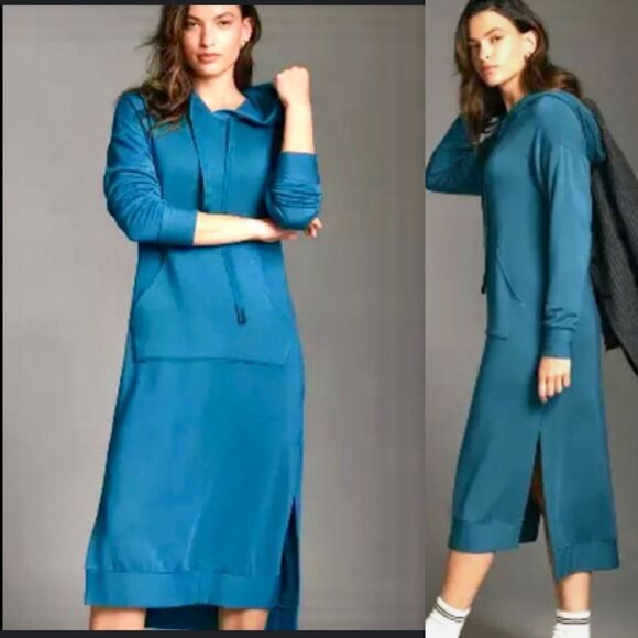 Anthropologie Stateside Teal Softest Fleece Hooded Midi Dress Kangaroo Pocket - Picture 1 of 9